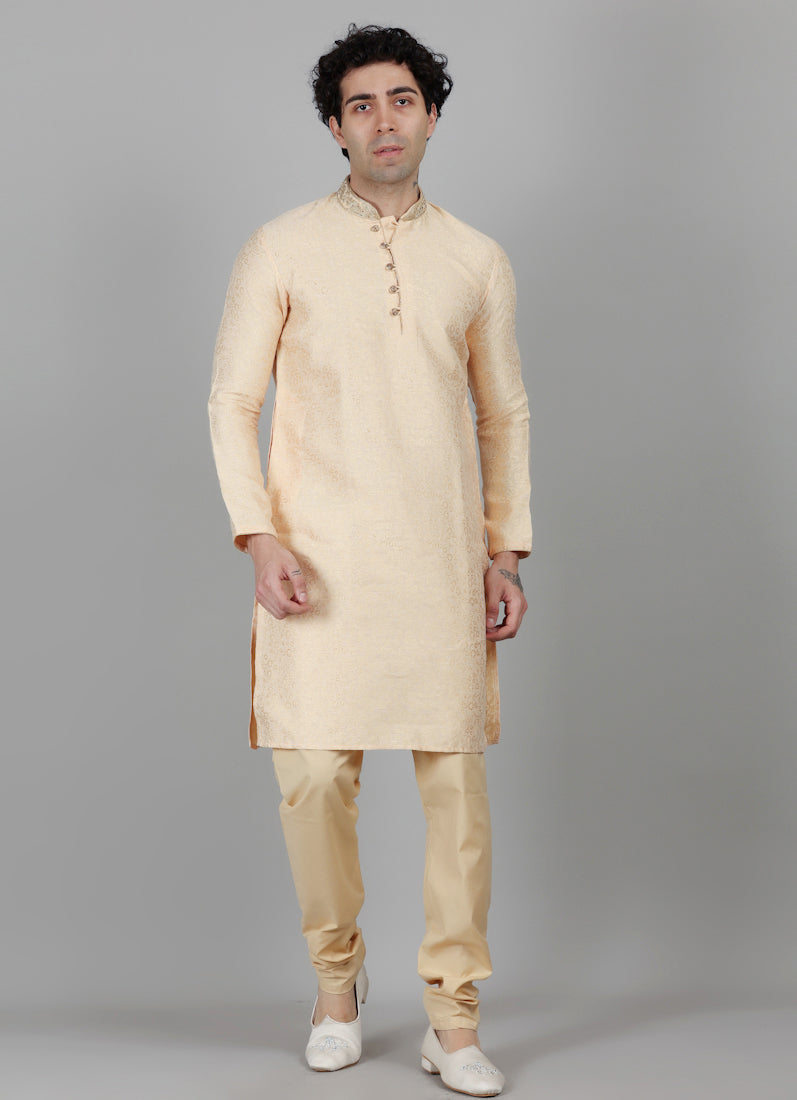 Men's Light Gold Self Brocade Embroidered Collar Set