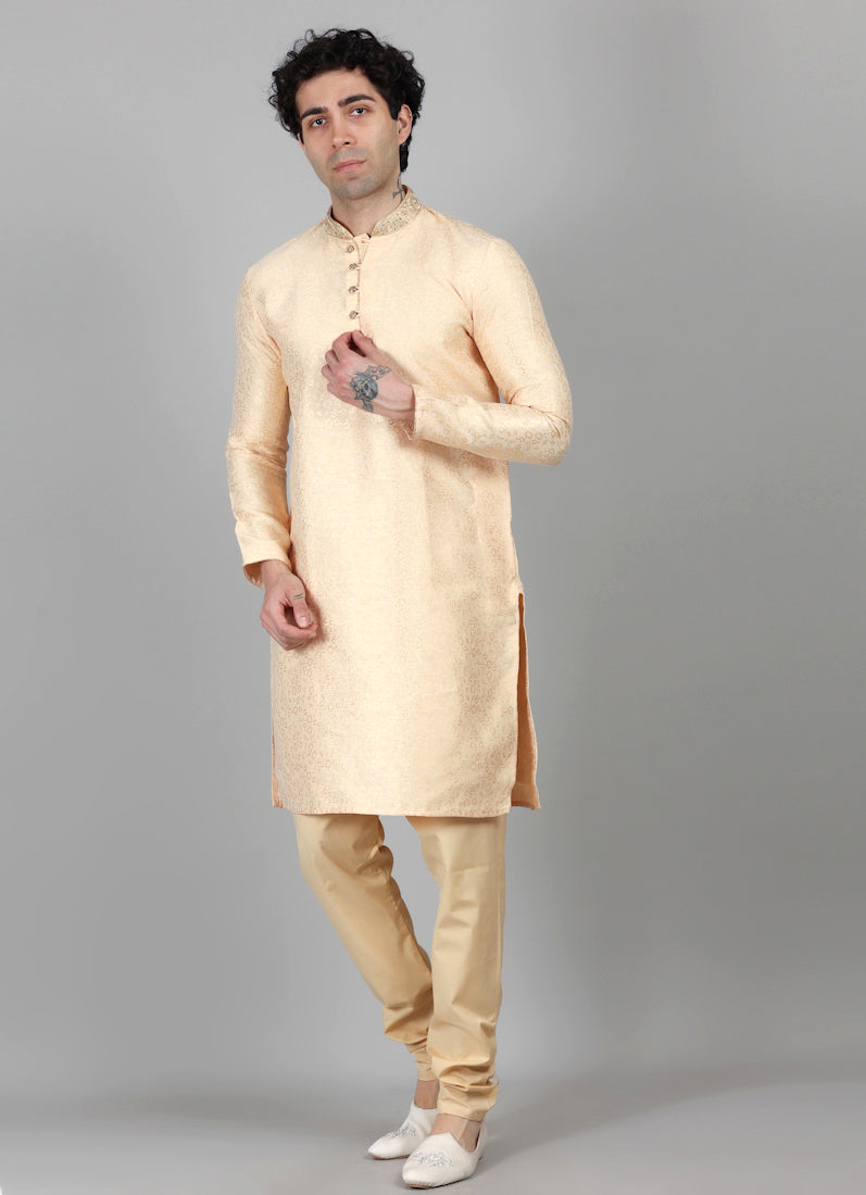 Men's Light Gold Self Brocade Embroidered Collar Set