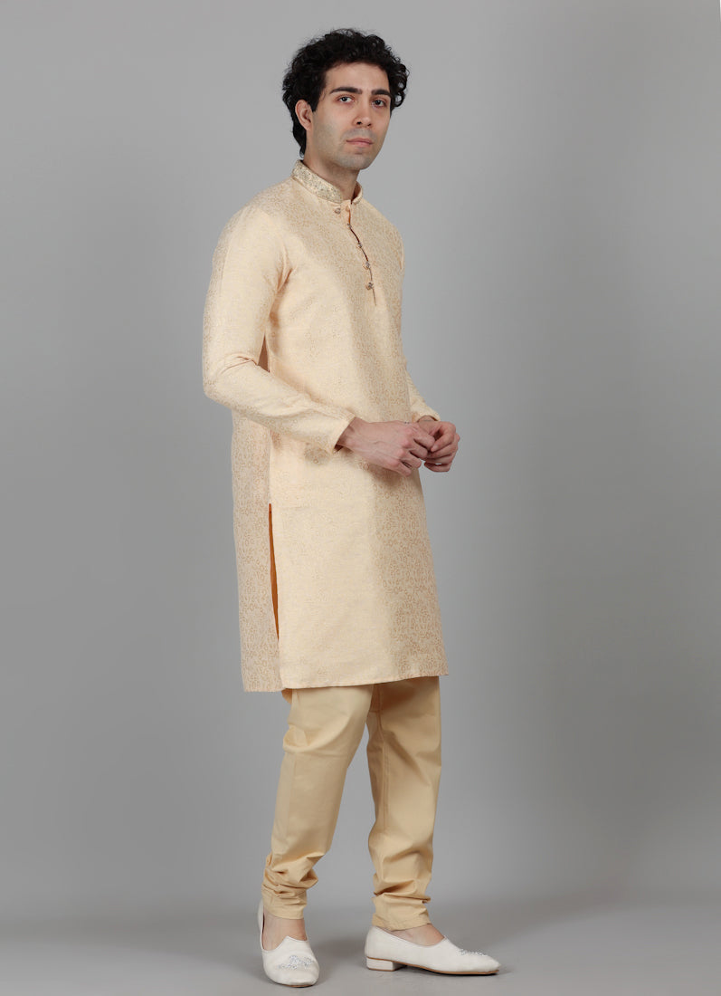 Men's Light Gold Self Brocade Embroidered Collar Set