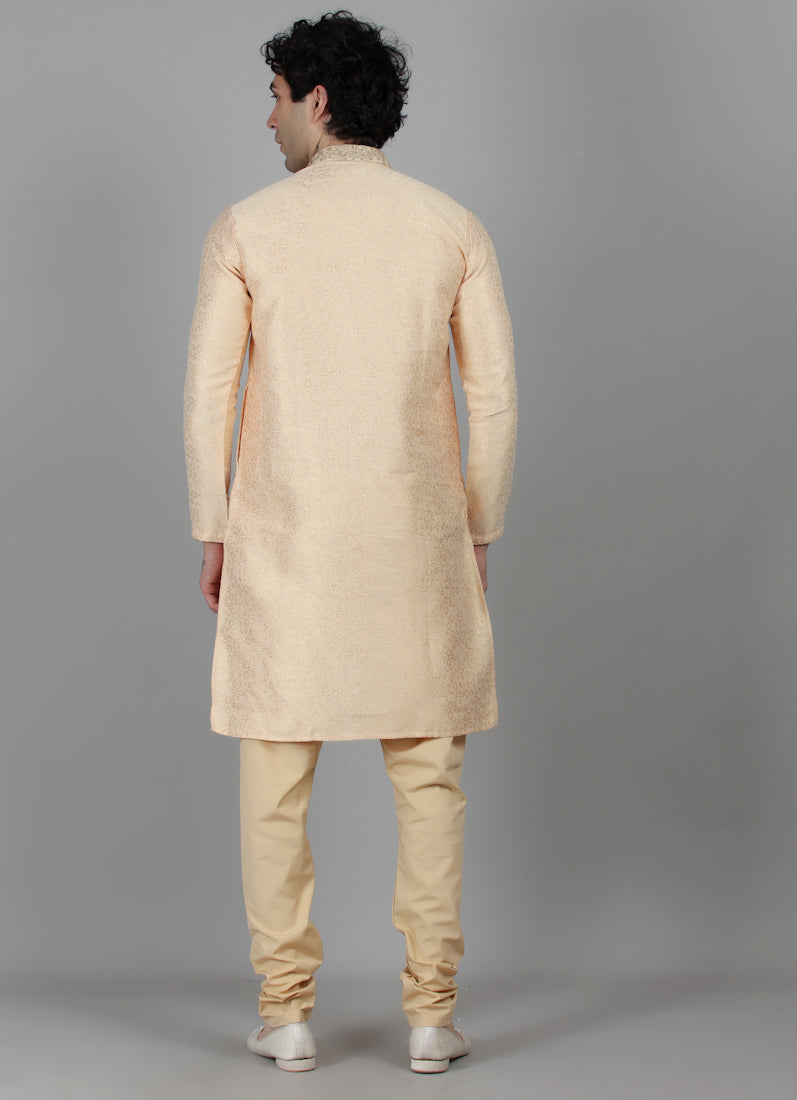 Men's Light Gold Self Brocade Embroidered Collar Set