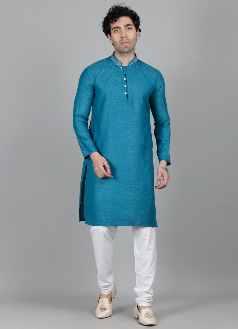 Men's Teal Blue Self Resham Jacquard Embroidered Set