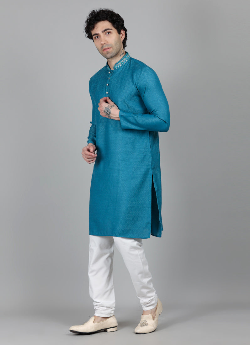 Men's Teal Blue Self Resham Jacquard Embroidered Set