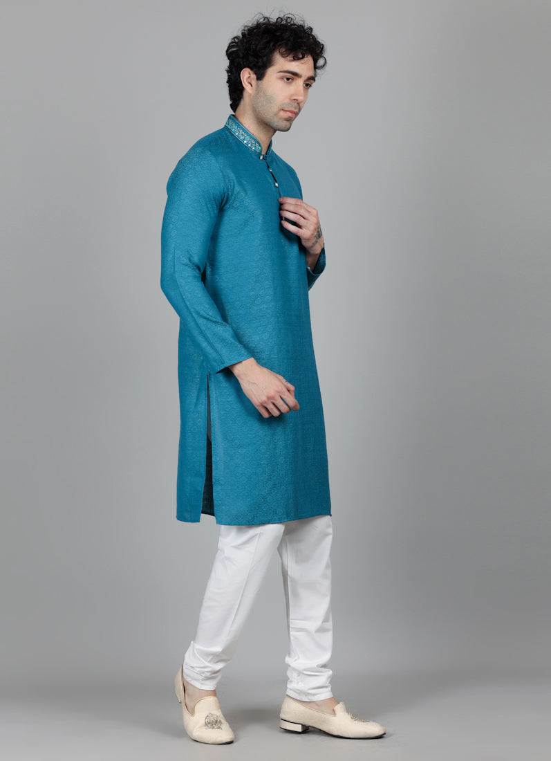 Men's Teal Blue Self Resham Jacquard Embroidered Set