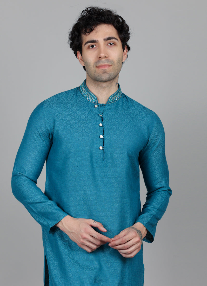 Men's Teal Blue Self Resham Jacquard Embroidered Set