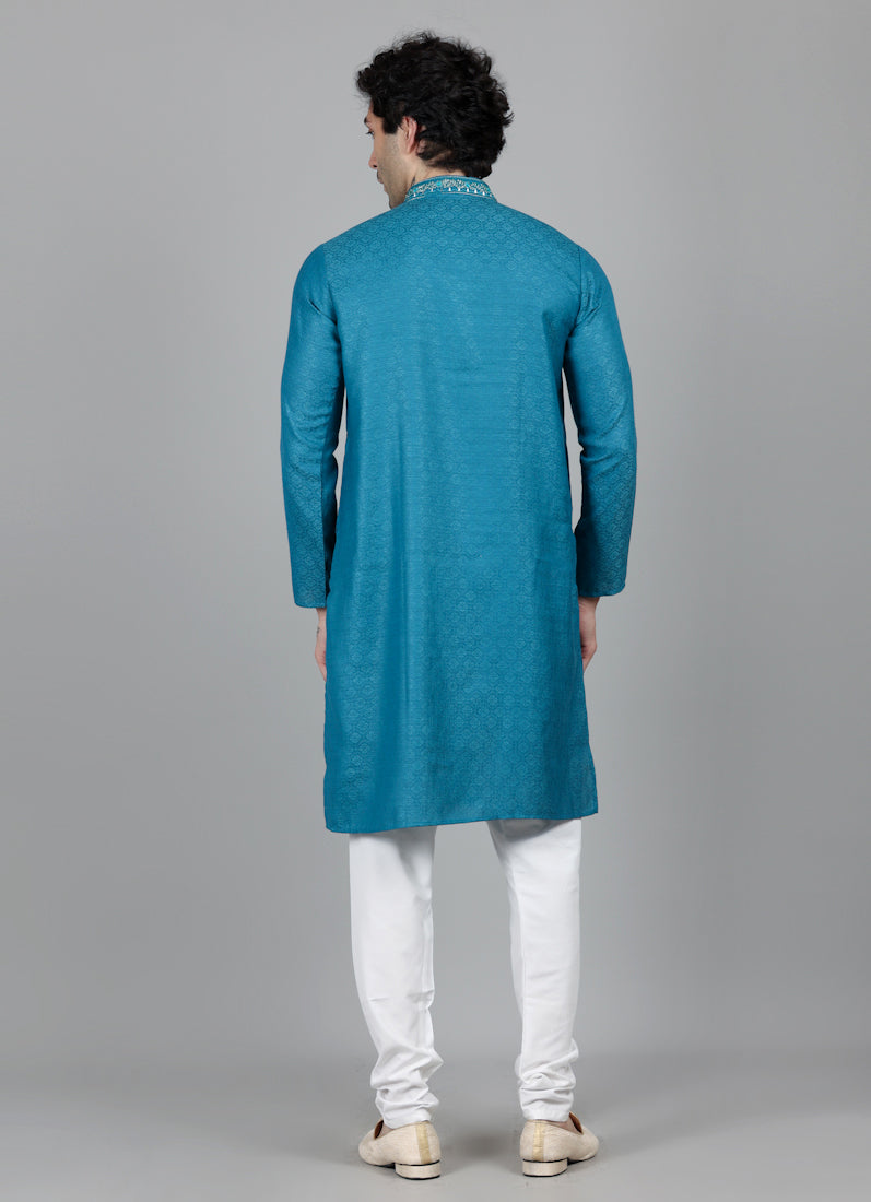 Men's Teal Blue Self Resham Jacquard Embroidered Set