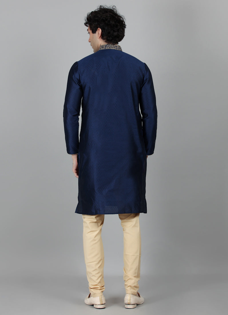 Men's Navy Blue Self Resham Jacquard Embroidered Set