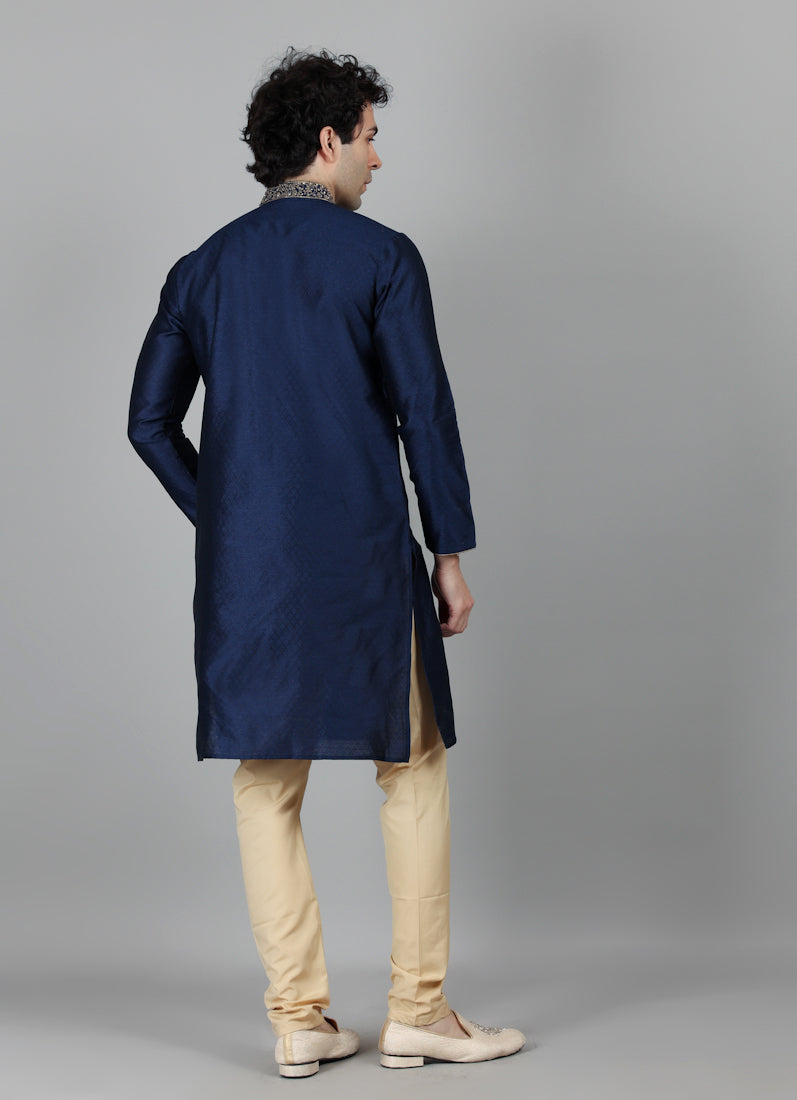 Men's Navy Blue Self Resham Jacquard Embroidered Set