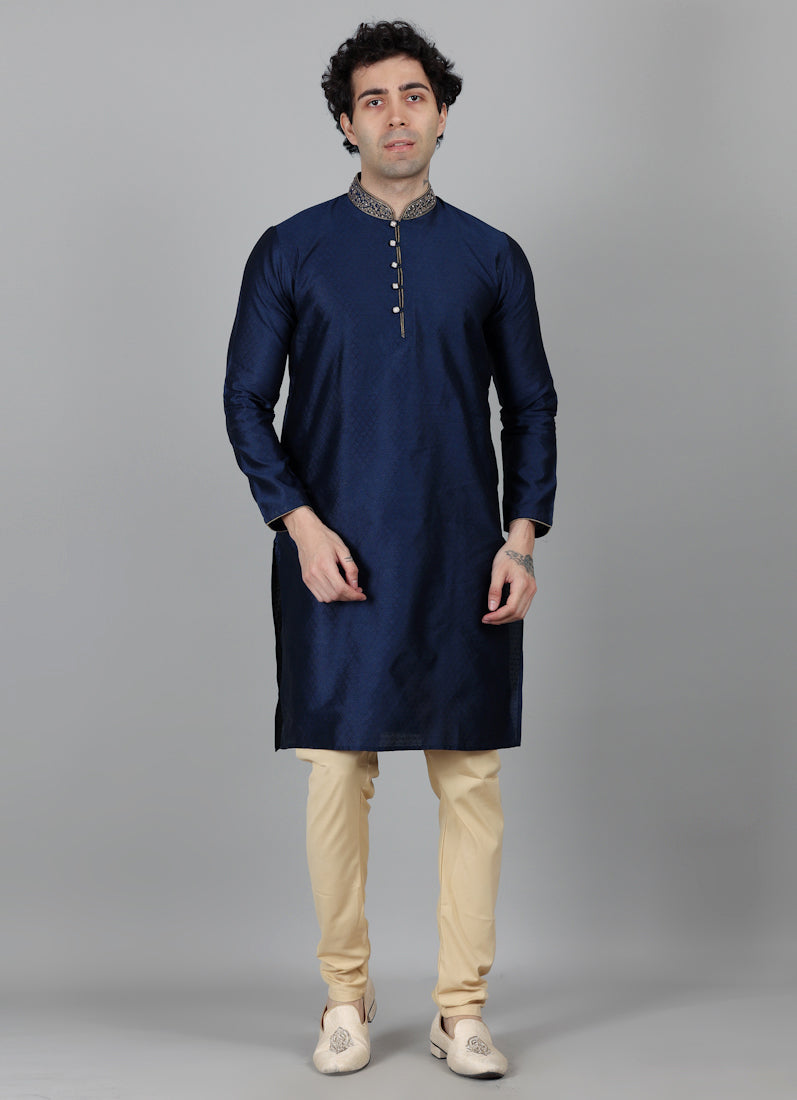 Men's Navy Blue Self Resham Jacquard Embroidered Set
