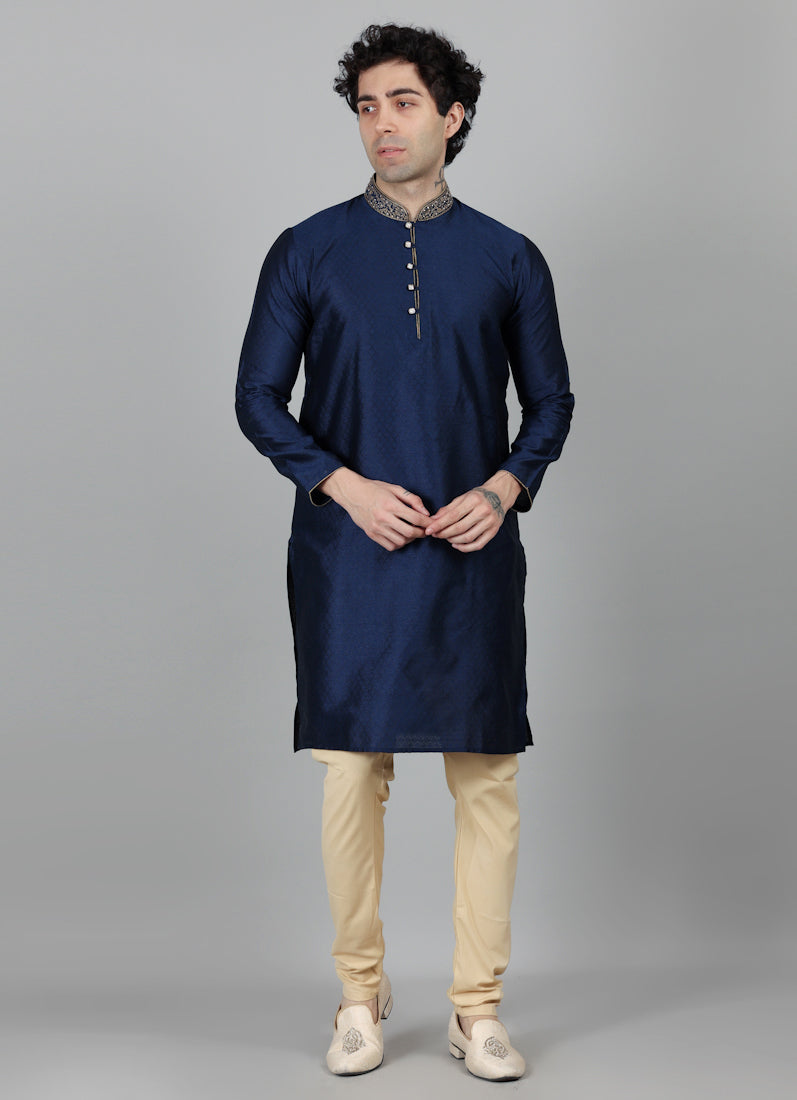 Men's Navy Blue Self Resham Jacquard Embroidered Set
