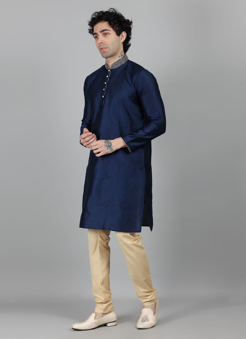 Men's Navy Blue Self Resham Jacquard Embroidered Set