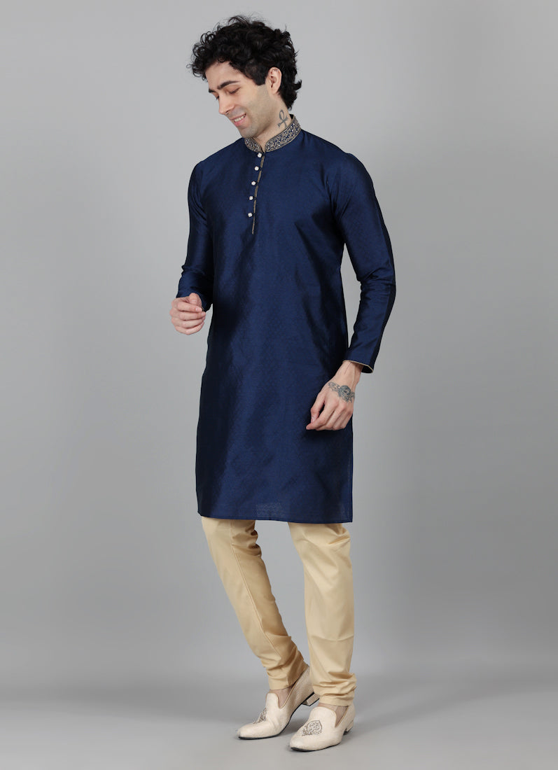 Men's Navy Blue Self Resham Jacquard Embroidered Set