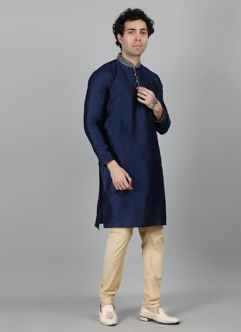 Men's Navy Blue Self Resham Jacquard Embroidered Set