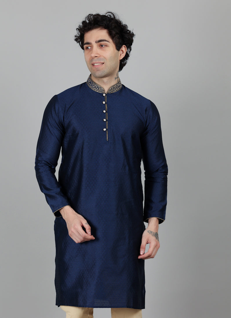 Men's Navy Blue Self Resham Jacquard Embroidered Set