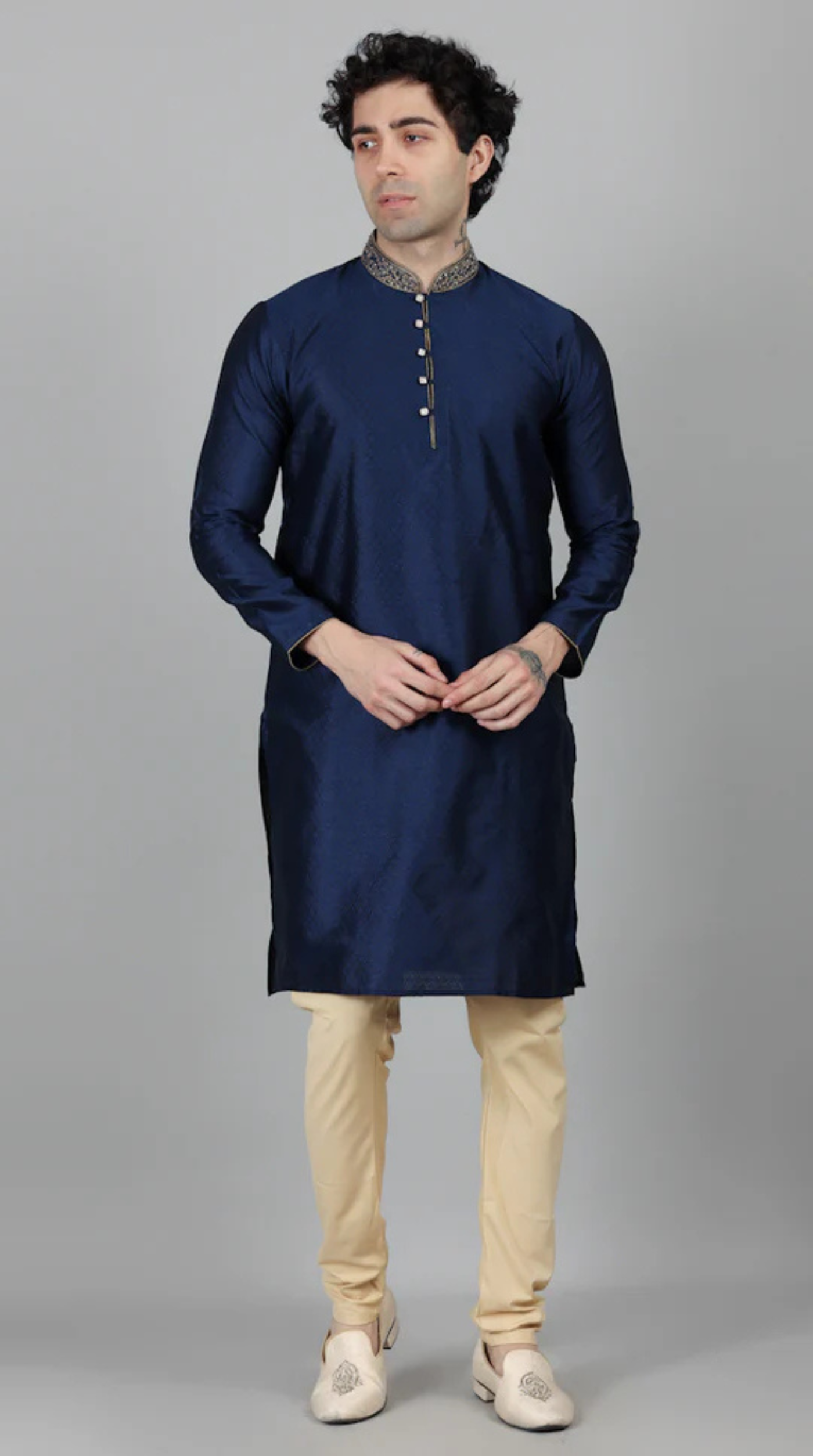 Men's Navy Blue Self Resham Jacquard Embroidered Set