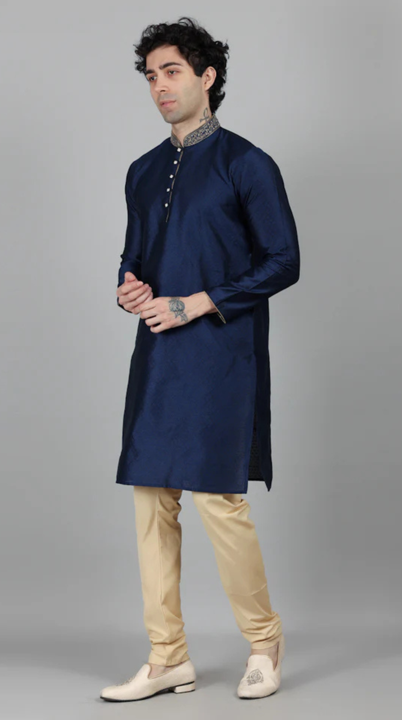 Men's Navy Blue Self Resham Jacquard Embroidered Set