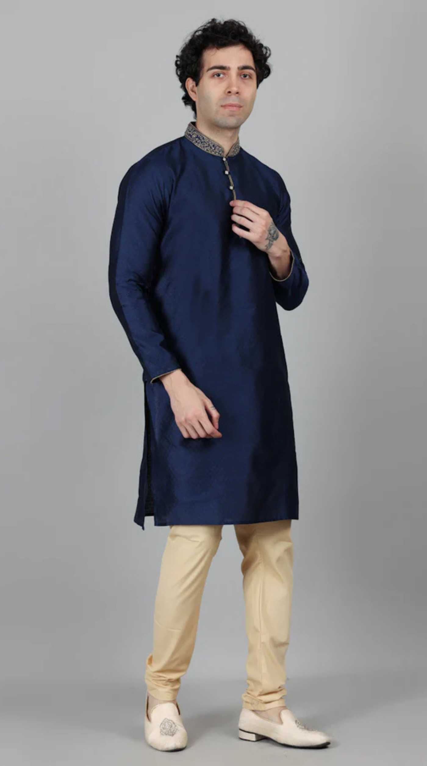 Men's Navy Blue Self Resham Jacquard Embroidered Set