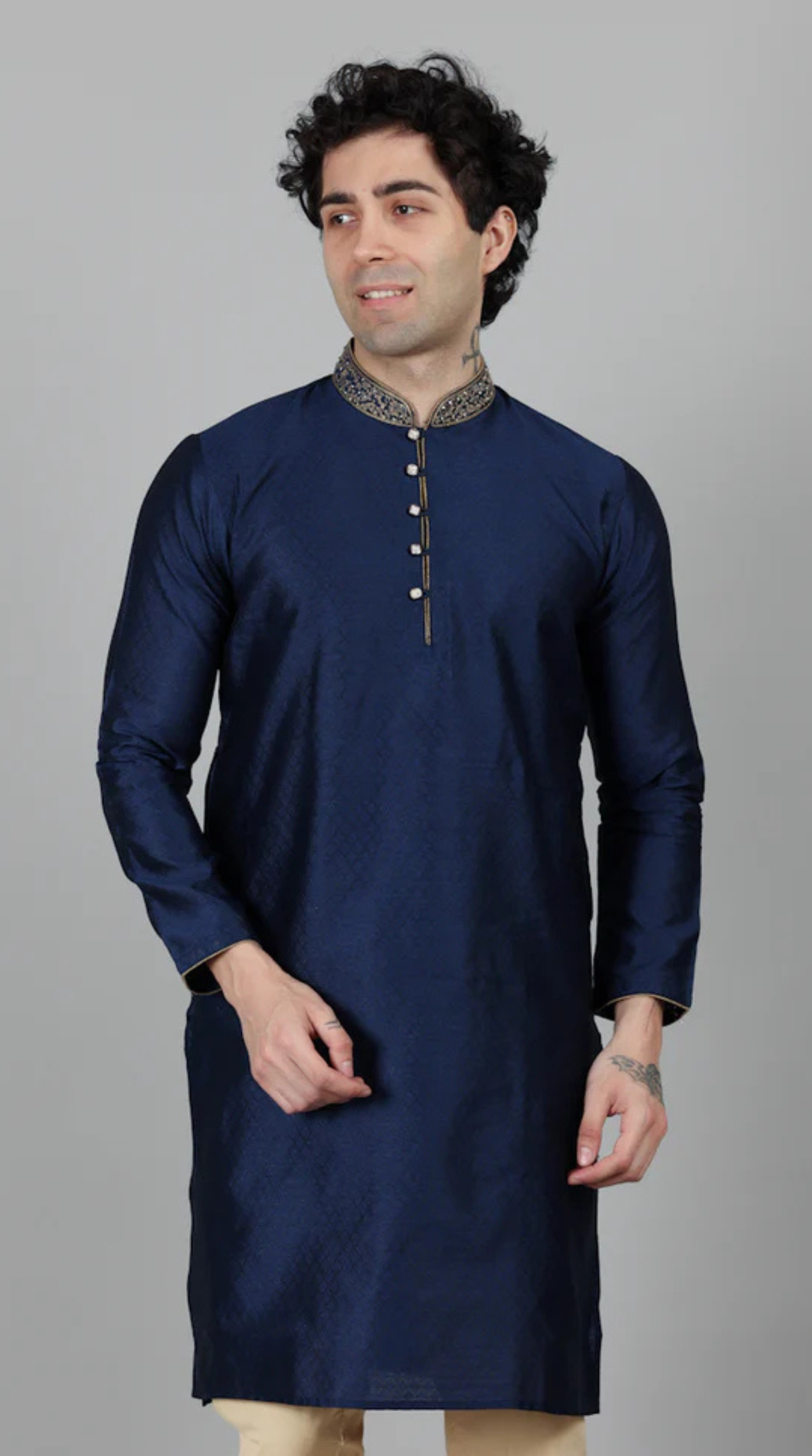 Men's Navy Blue Self Resham Jacquard Embroidered Set