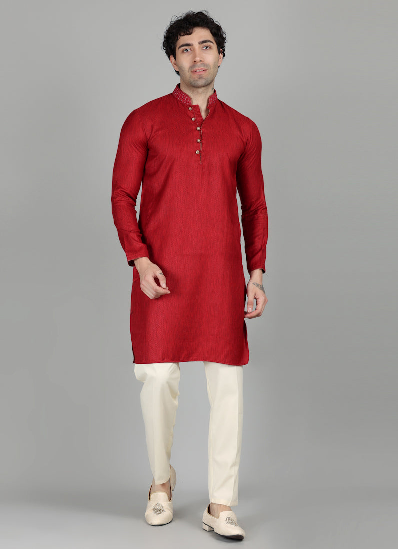 Men's Maroon Self Resham Jacquard Embroidered Set