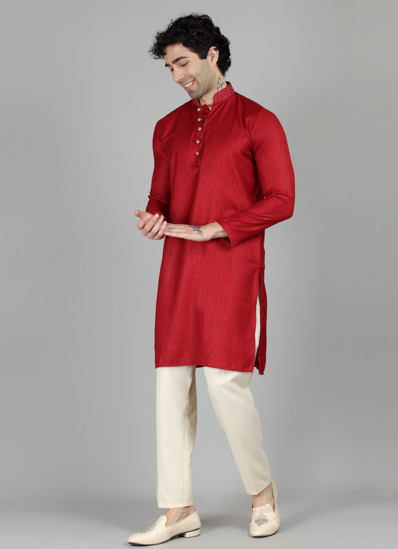 Men's Maroon Self Resham Jacquard Embroidered Set