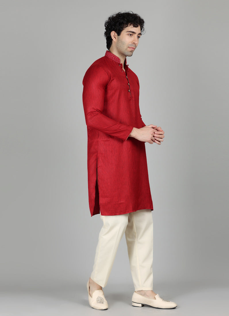 Men's Maroon Self Resham Jacquard Embroidered Set