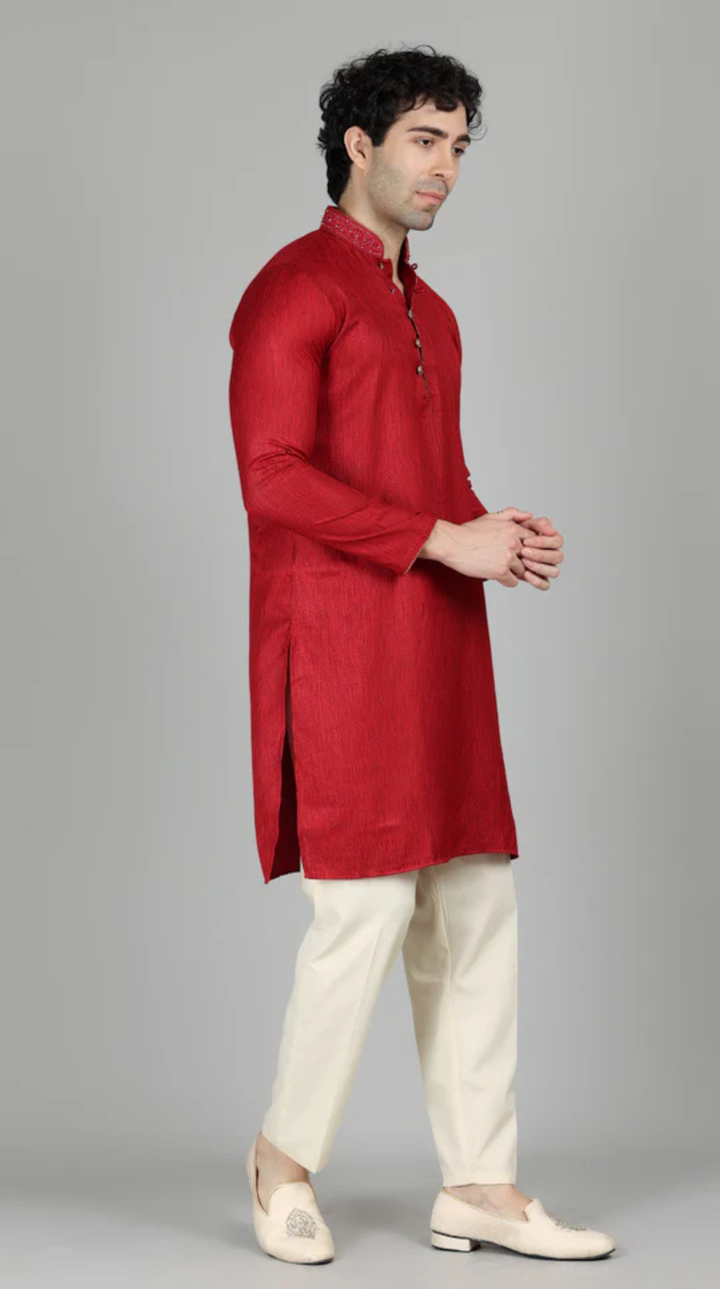 Men's Maroon Self Resham Jacquard Embroidered Set