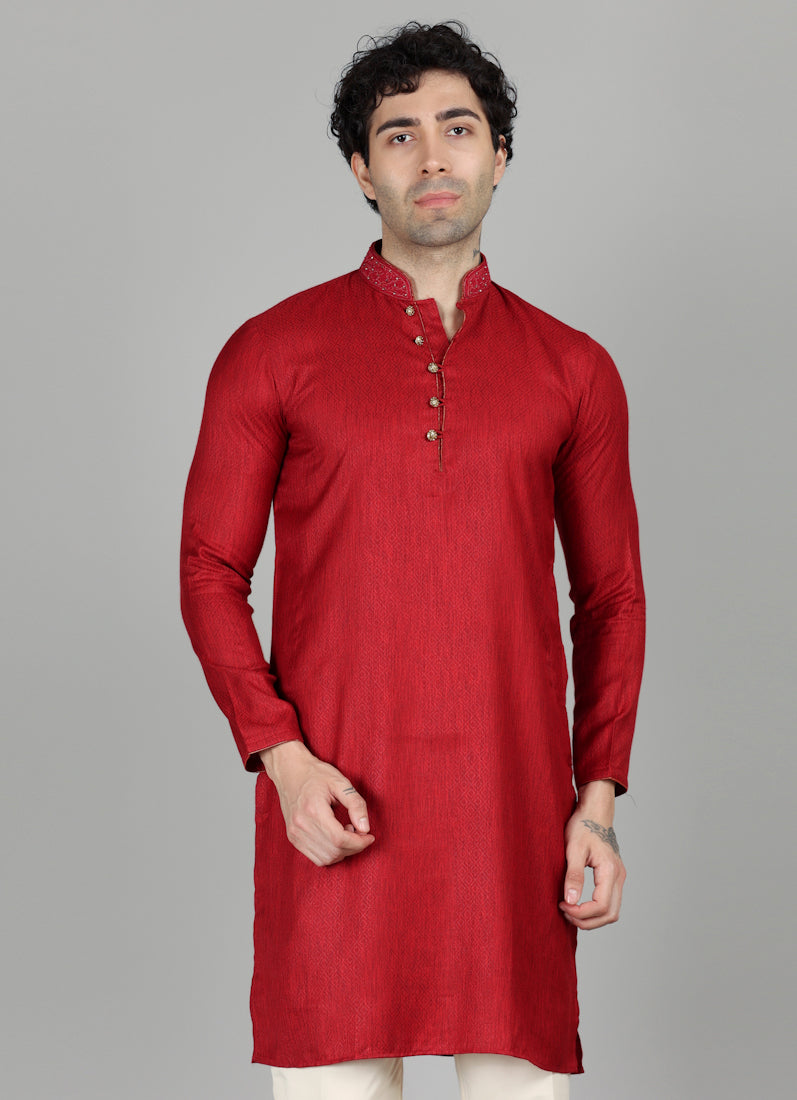 Men's Maroon Self Resham Jacquard Embroidered Set