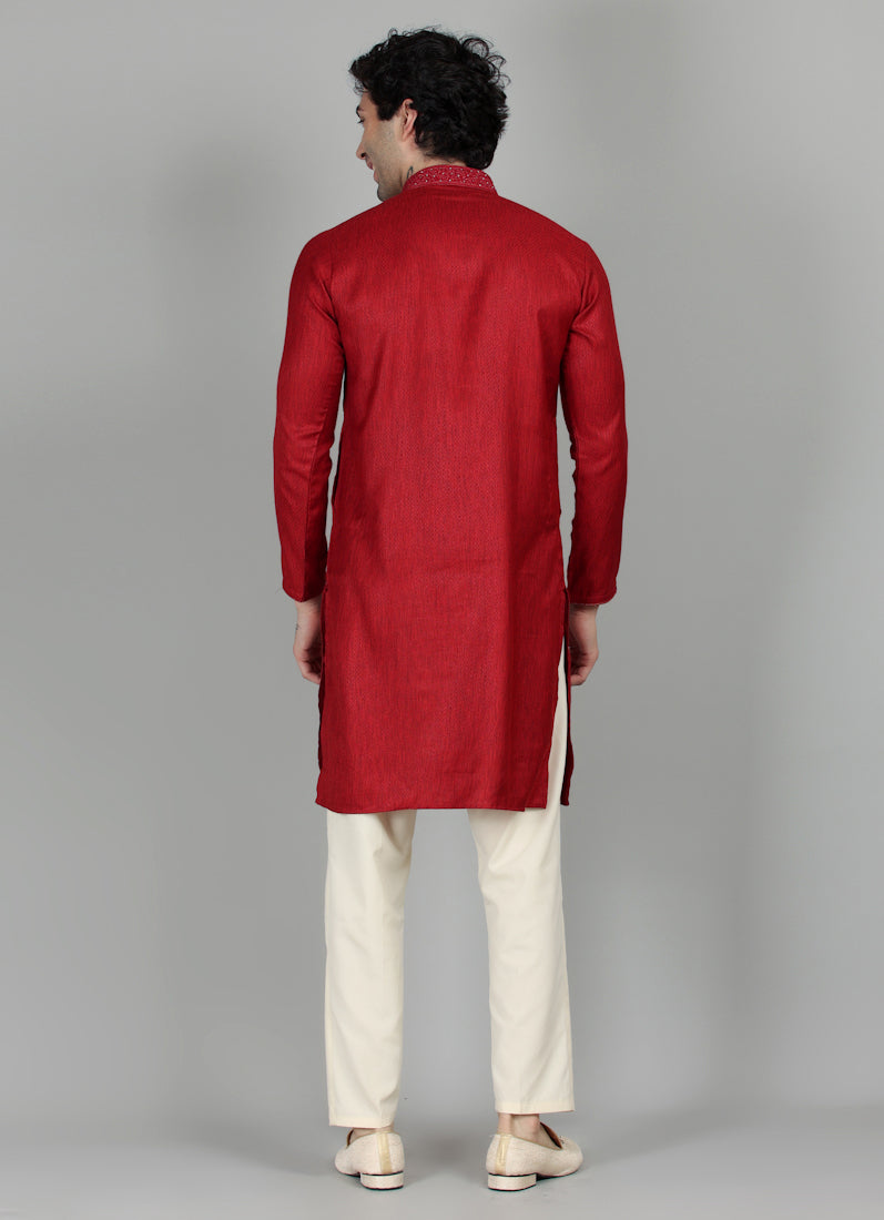 Men's Maroon Self Resham Jacquard Embroidered Set