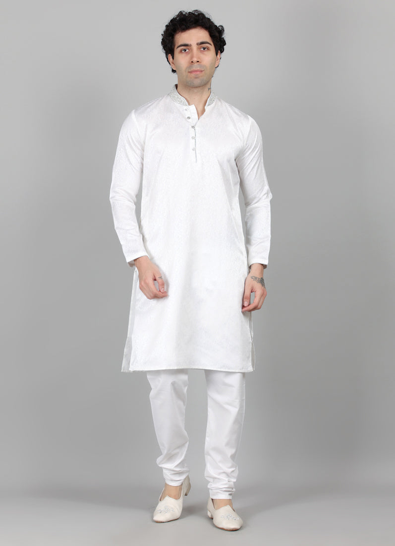 Men's White Self Resham Jacquard Embroidered Set