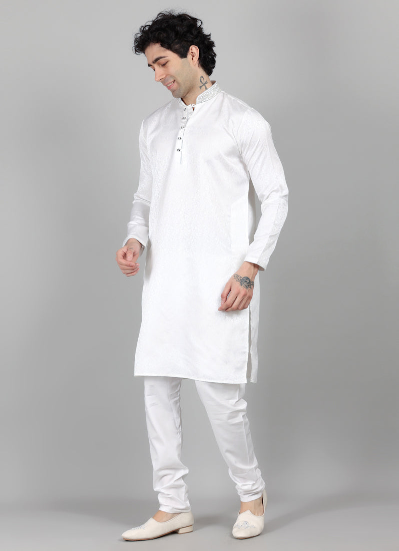 Men's White Self Resham Jacquard Embroidered Set