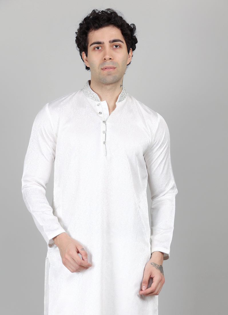 Men's White Self Resham Jacquard Embroidered Set