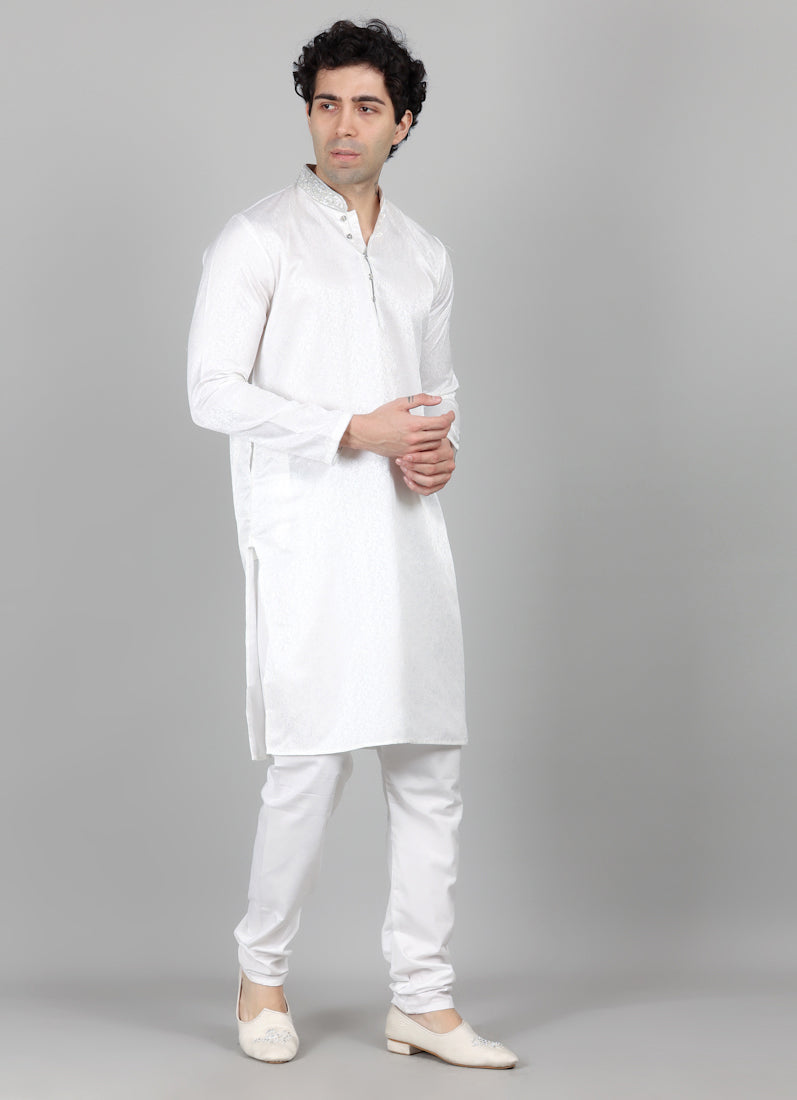 Men's White Self Resham Jacquard Embroidered Set