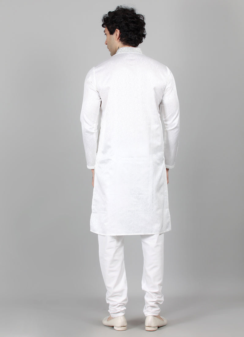 Men's White Self Resham Jacquard Embroidered Set