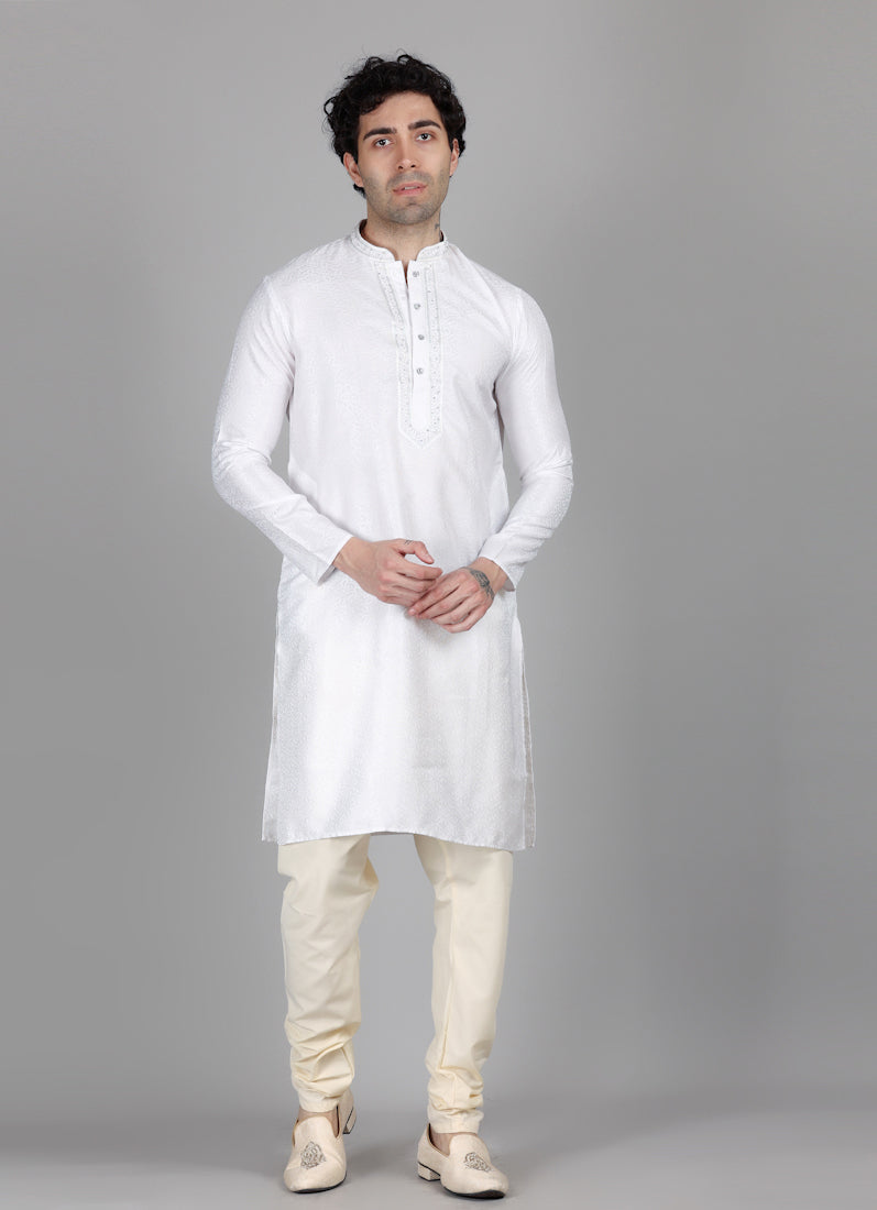 Men's Cream jacquard Resham Embroidered Payjama Set