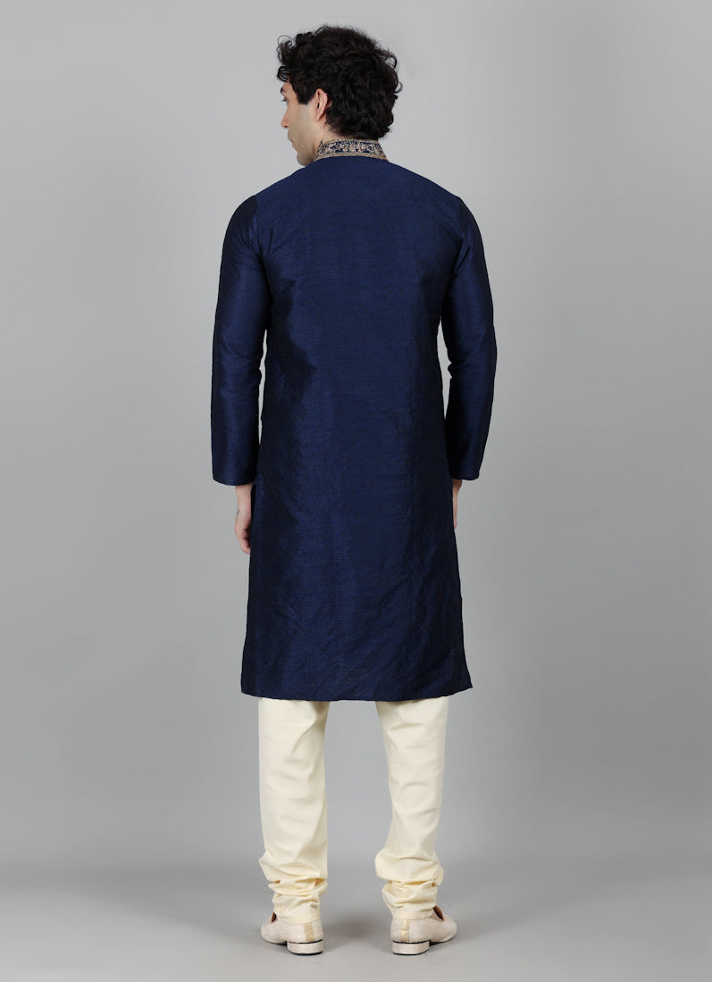 Men's Navy Blue Jacquard Gold Embroidered Kurta Payjama Set