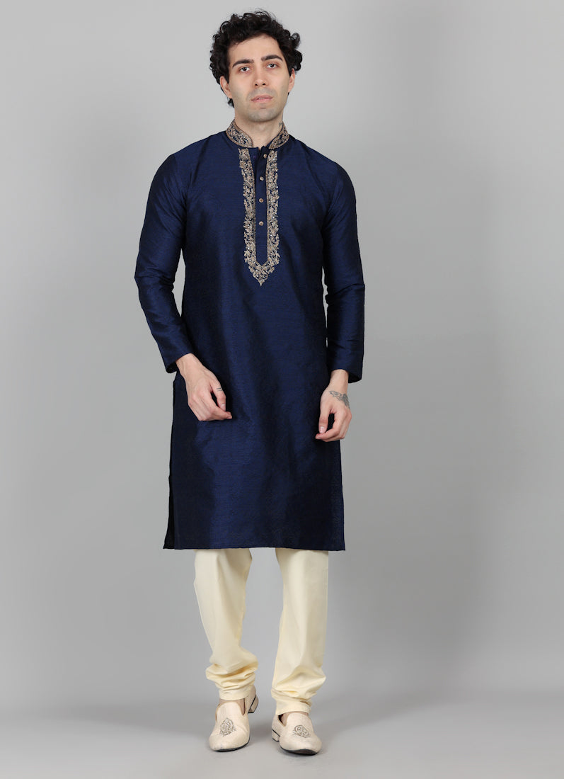 Men's Navy Blue Jacquard Gold Embroidered Kurta Payjama Set