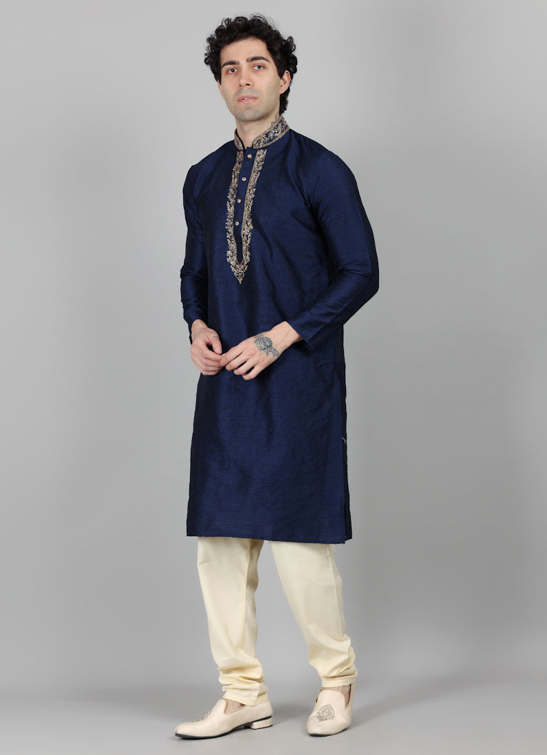 Men's Navy Blue Jacquard Gold Embroidered Kurta Payjama Set