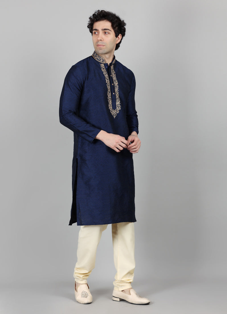 Men's Navy Blue Jacquard Gold Embroidered Kurta Payjama Set