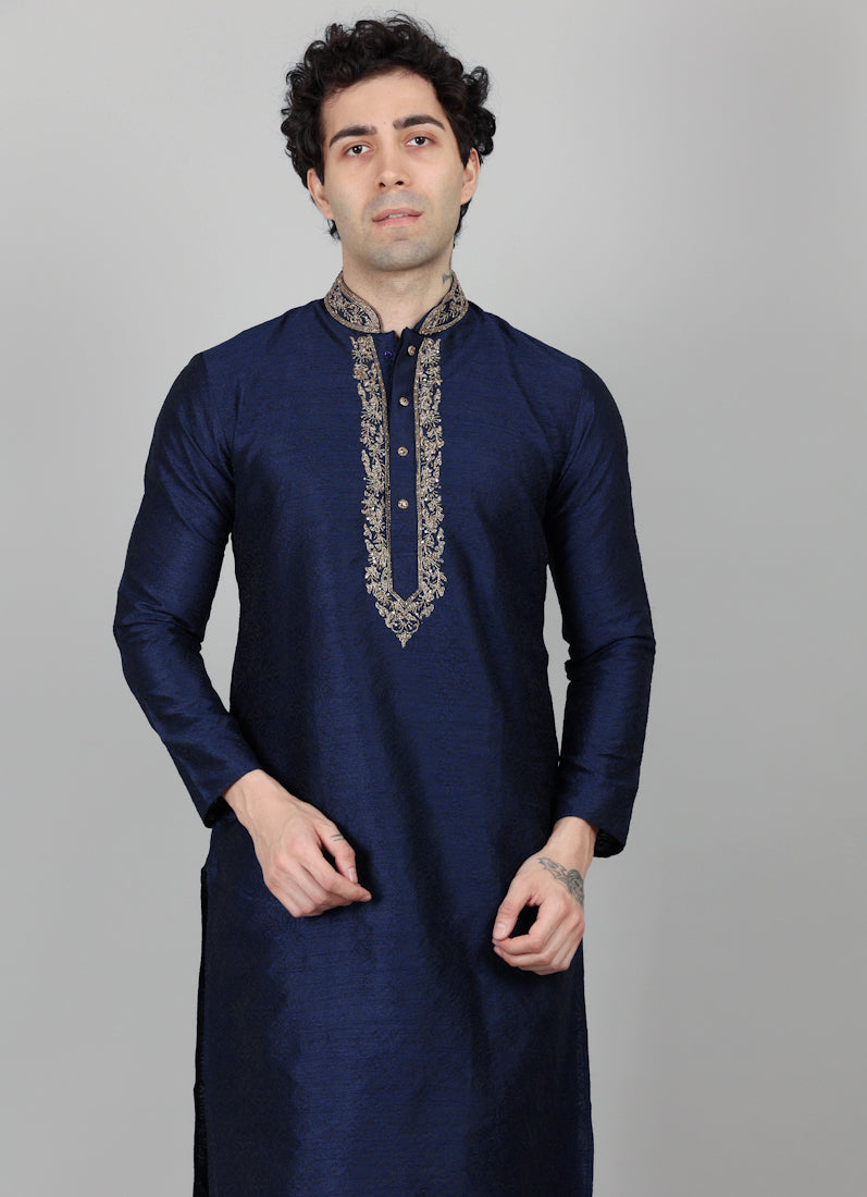 Men's Navy Blue Jacquard Gold Embroidered Kurta Payjama Set
