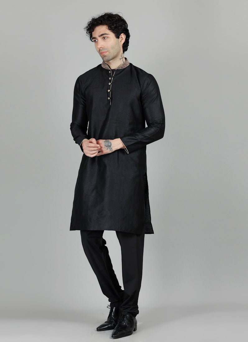 Men's Black Jacquard Embroidered Collar Set