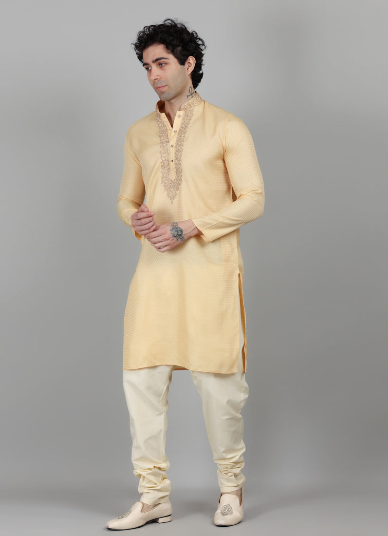 Men's Gold Self Resham Brocade Zari Embroidered Set