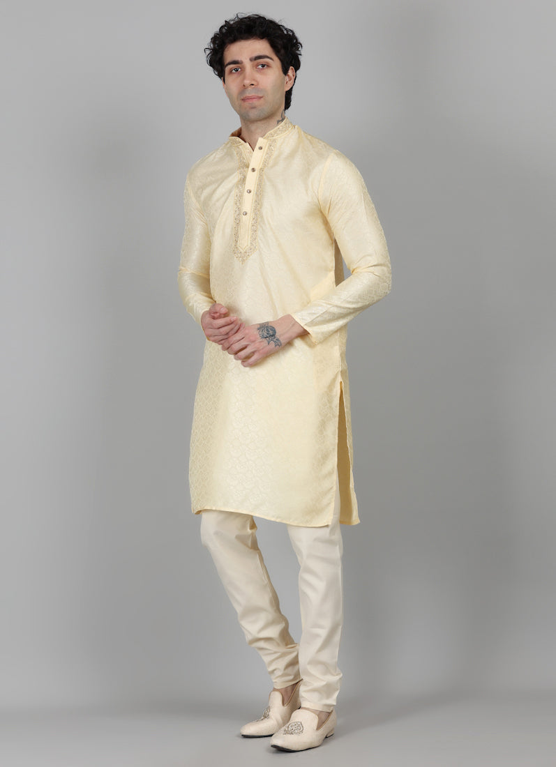 Men's Gold Resham Brocade Embroidered Kurta Payjama Set