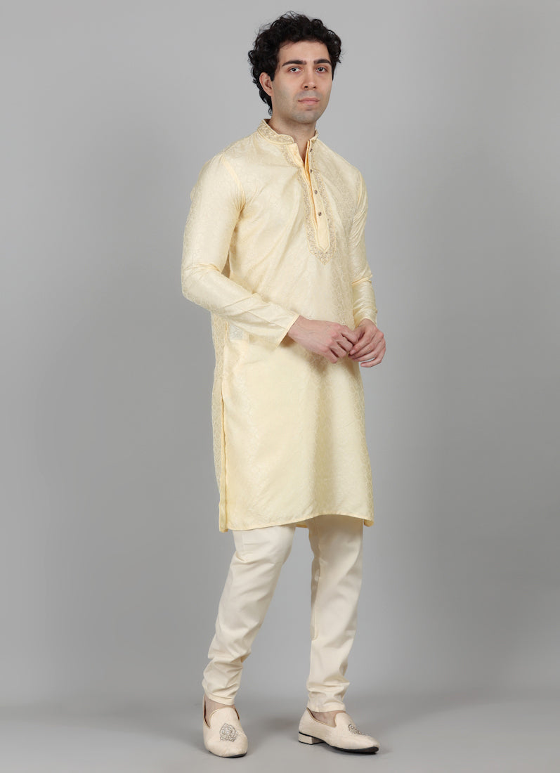 Men's Gold Resham Brocade Embroidered Kurta Payjama Set