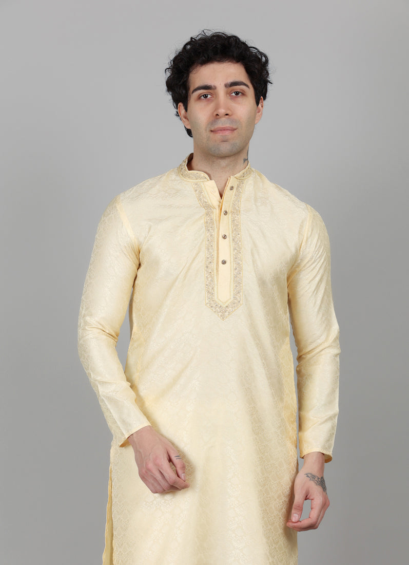 Men's Gold Resham Brocade Embroidered Kurta Payjama Set