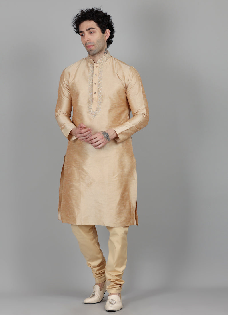Men's Beige Resham Embroidered Kurta Payjama Set