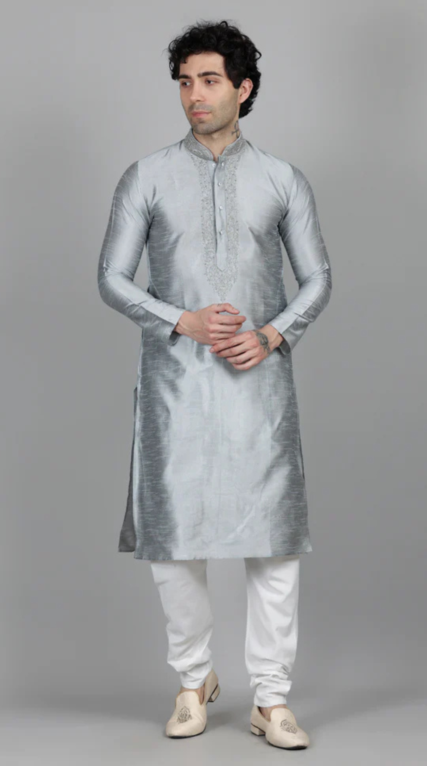 Men's Grey Resham Embroidered Kurta Payjama Set