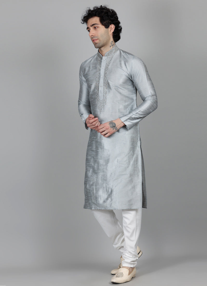 Men's Grey Resham Embroidered Kurta Payjama Set