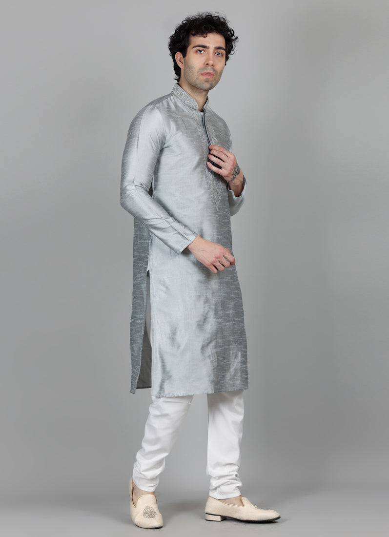 Men's Grey Resham Embroidered Kurta Payjama Set