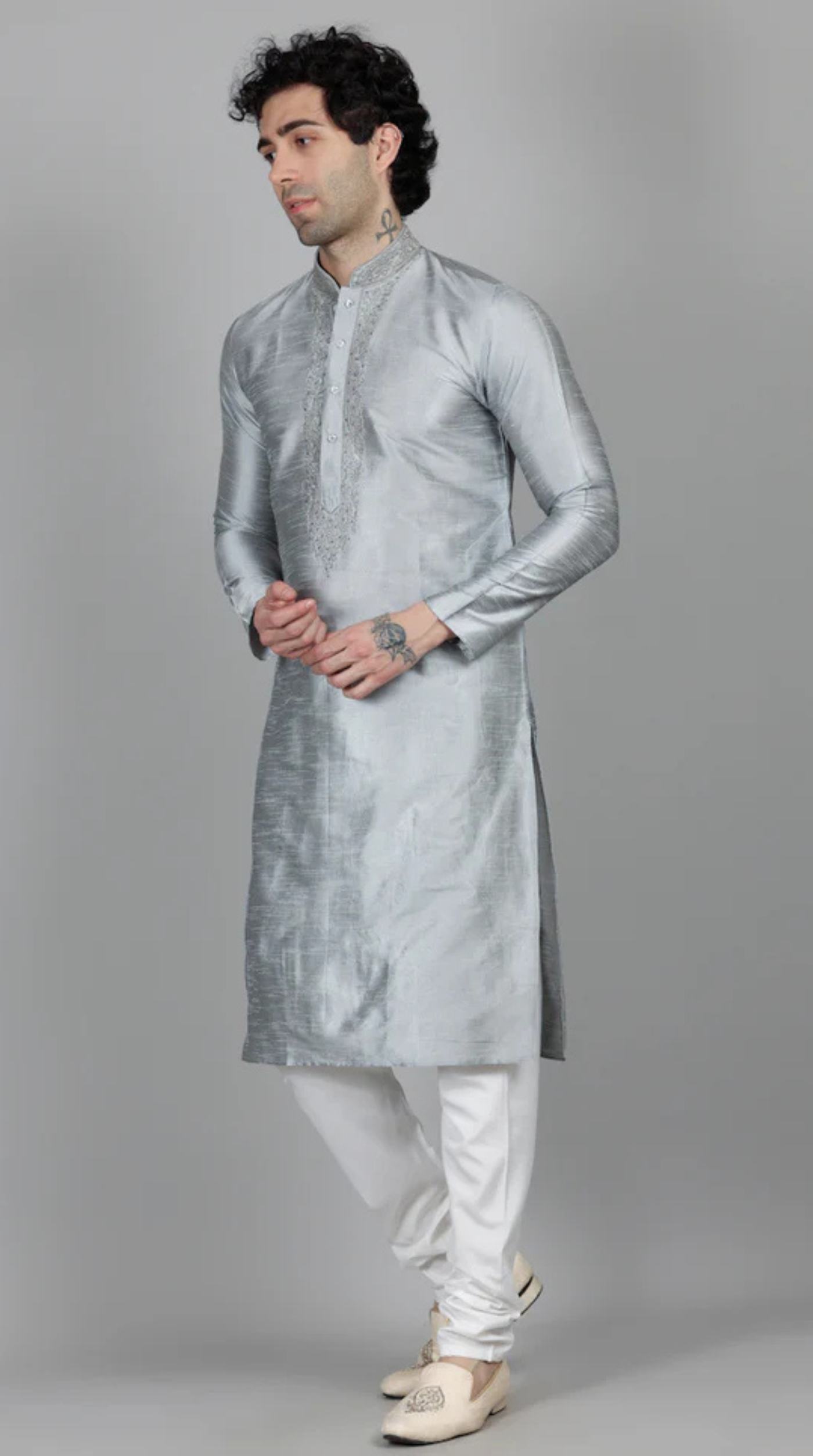 Men's Grey Resham Embroidered Kurta Payjama Set