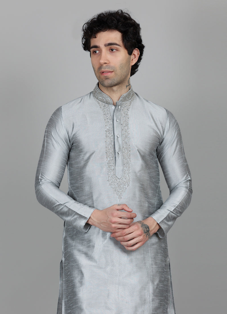 Men's Grey Resham Embroidered Kurta Payjama Set