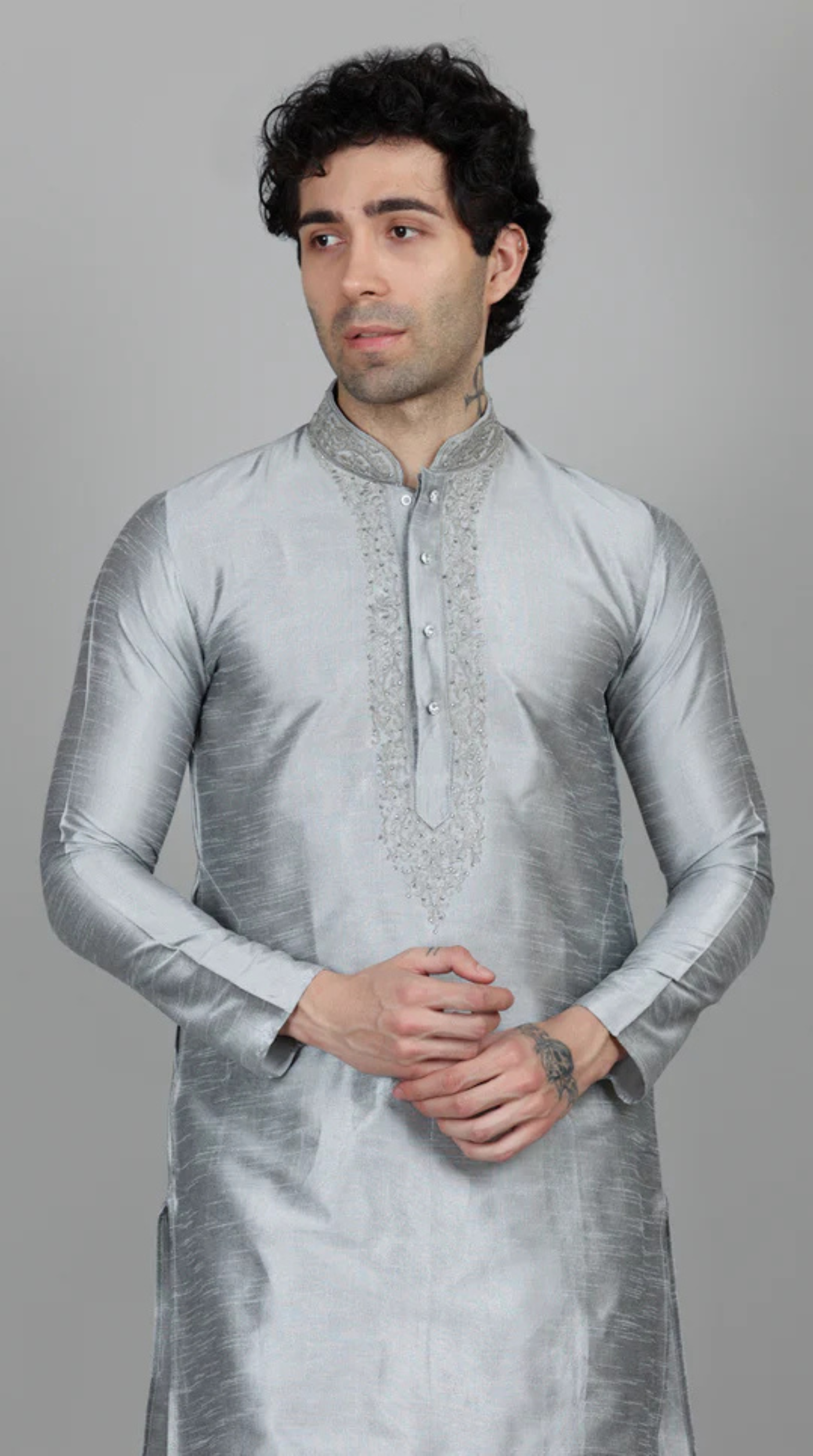 Men's Grey Resham Embroidered Kurta Payjama Set